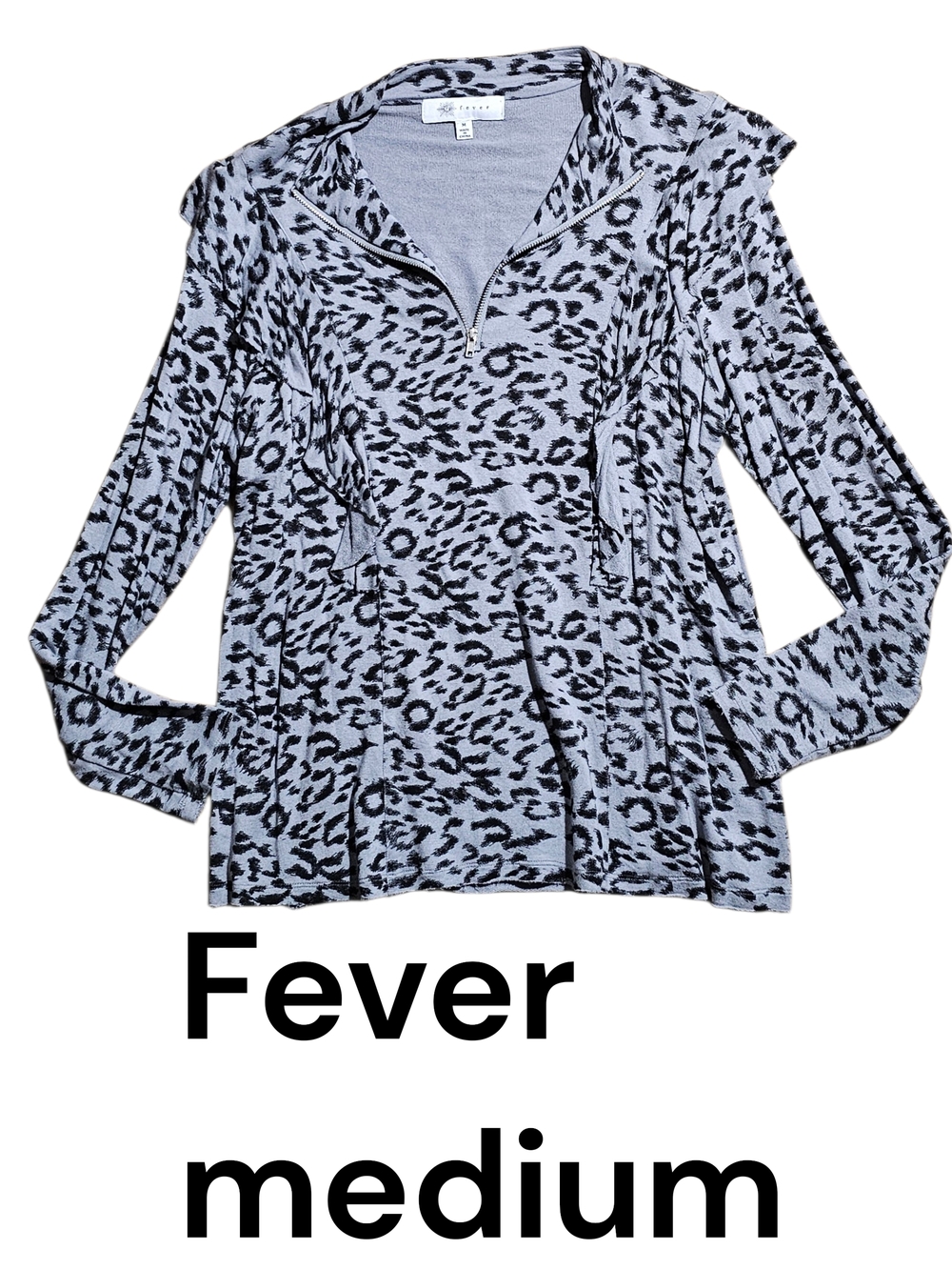 Fever Gray Black Leopard Print Zip-Neck Top